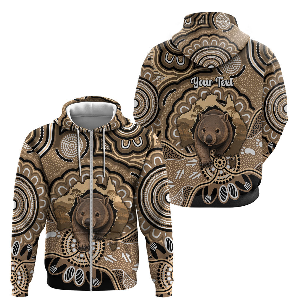 Personalised Australia Wombat Zip Hoodie Aussie Map Indigenous Art