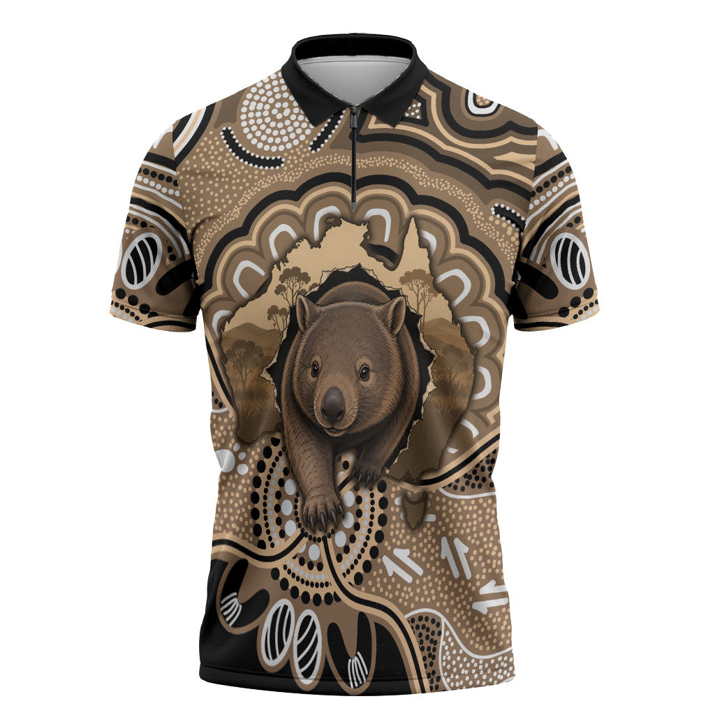 Personalised Australia Wombat Zipper Polo Shirt Aussie Map Indigenous Art