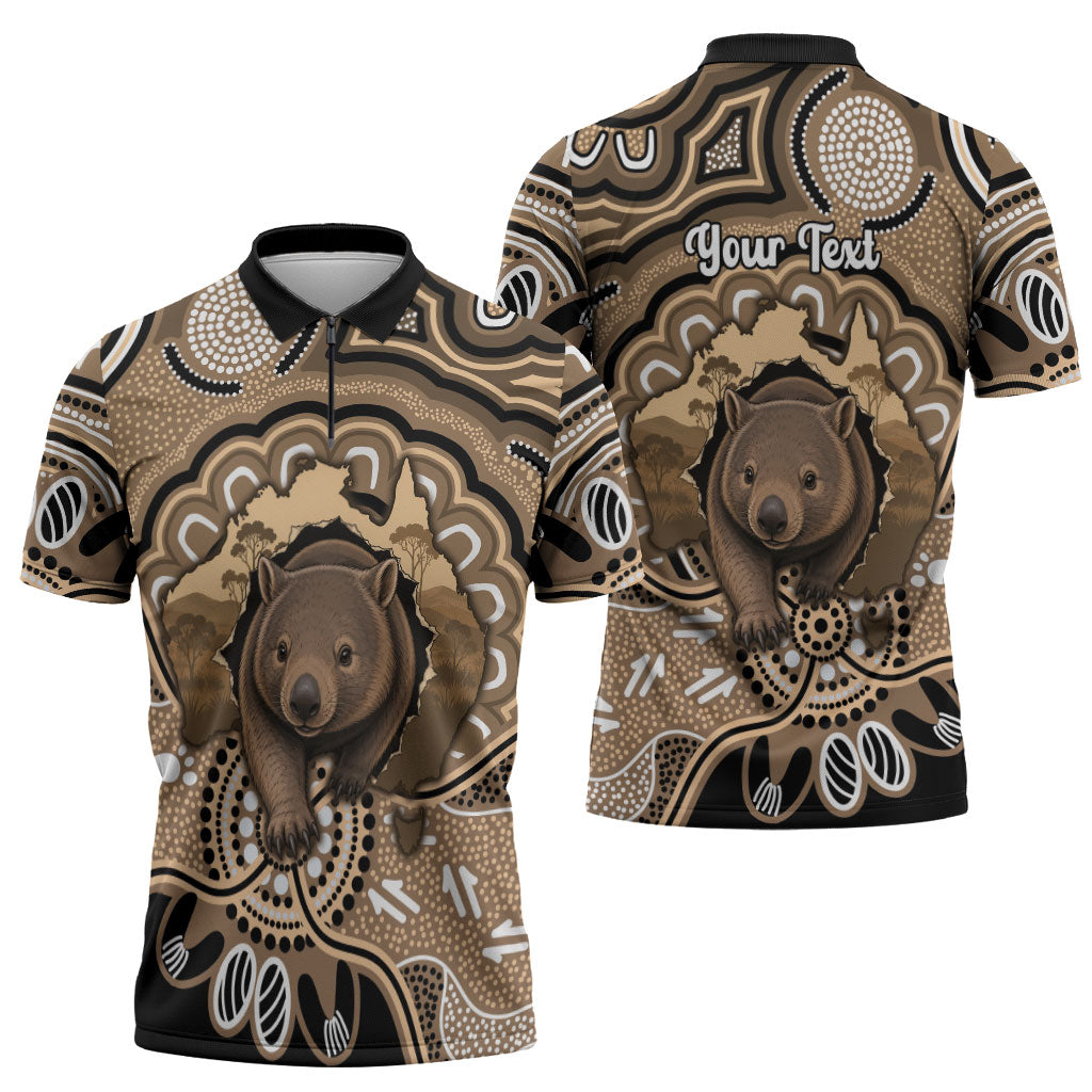 Personalised Australia Wombat Zipper Polo Shirt Aussie Map Indigenous Art