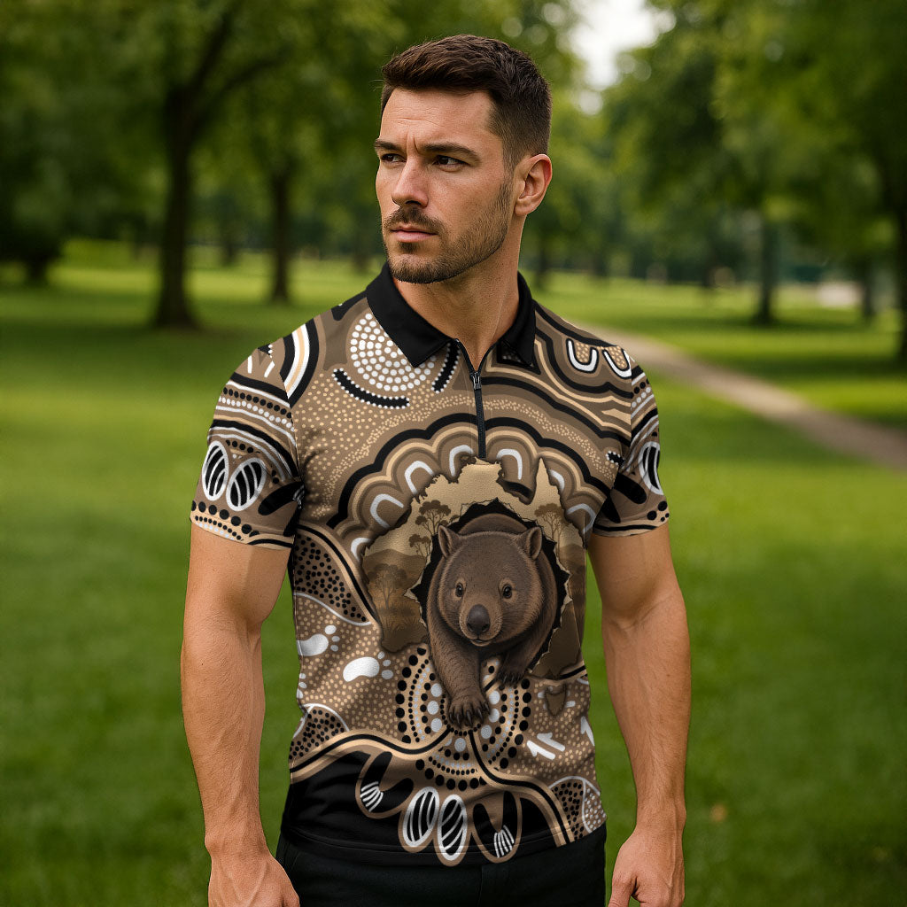 Personalised Australia Wombat Zipper Polo Shirt Aussie Map Indigenous Art
