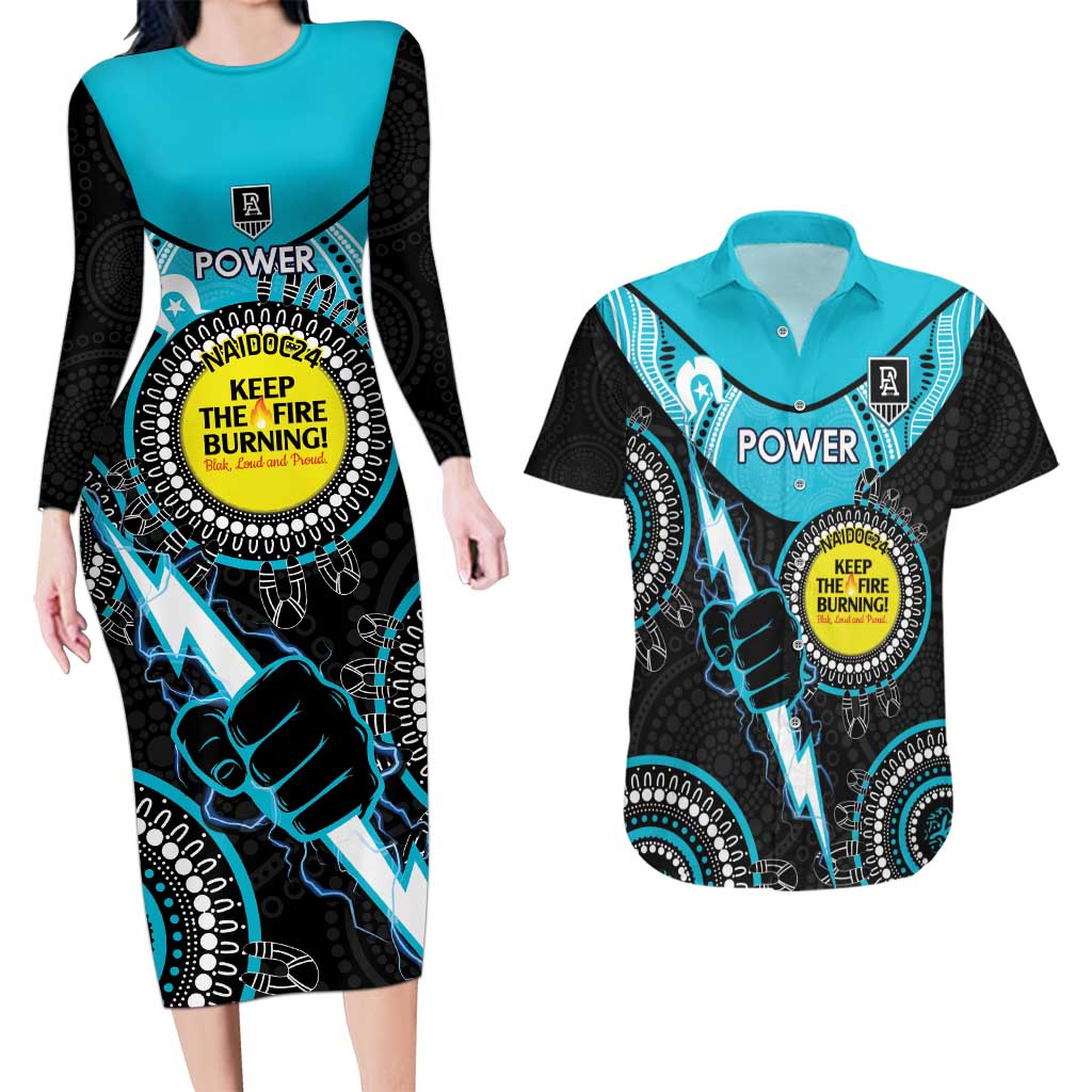 Custom AFL Power NAIDOC Week Couples Matching Long Sleeve Bodycon Dress and Hawaiian Shirt Keep The Fire Burning Indigenous Art