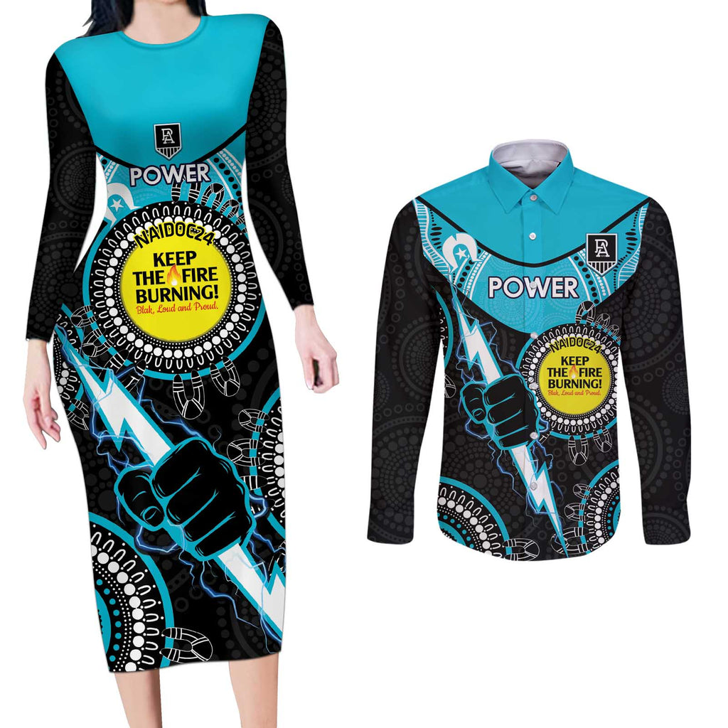 Custom AFL Power NAIDOC Week Couples Matching Long Sleeve Bodycon Dress and Long Sleeve Button Shirt Keep The Fire Burning Indigenous Art