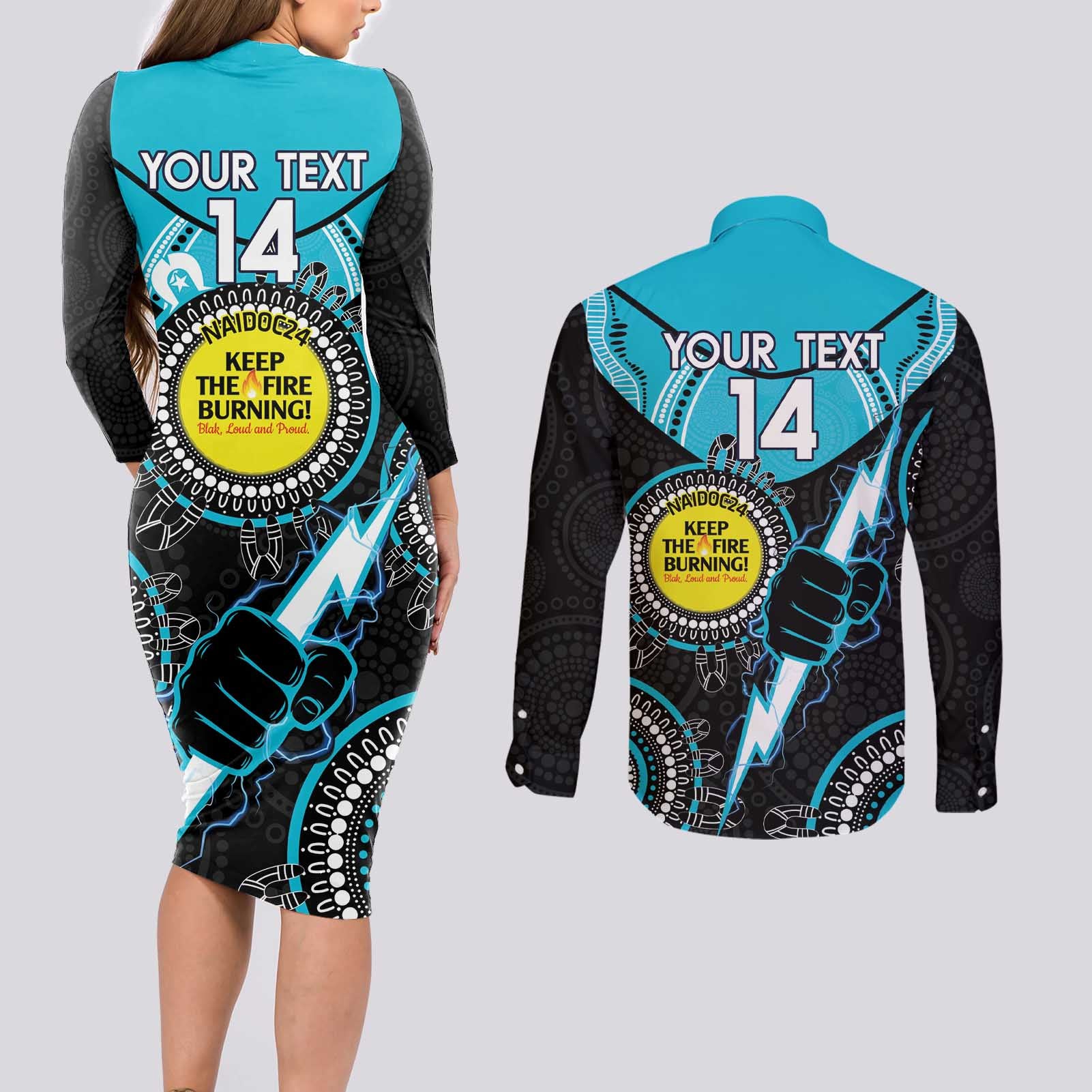 Custom AFL Power NAIDOC Week Couples Matching Long Sleeve Bodycon Dress and Long Sleeve Button Shirt Keep The Fire Burning Indigenous Art