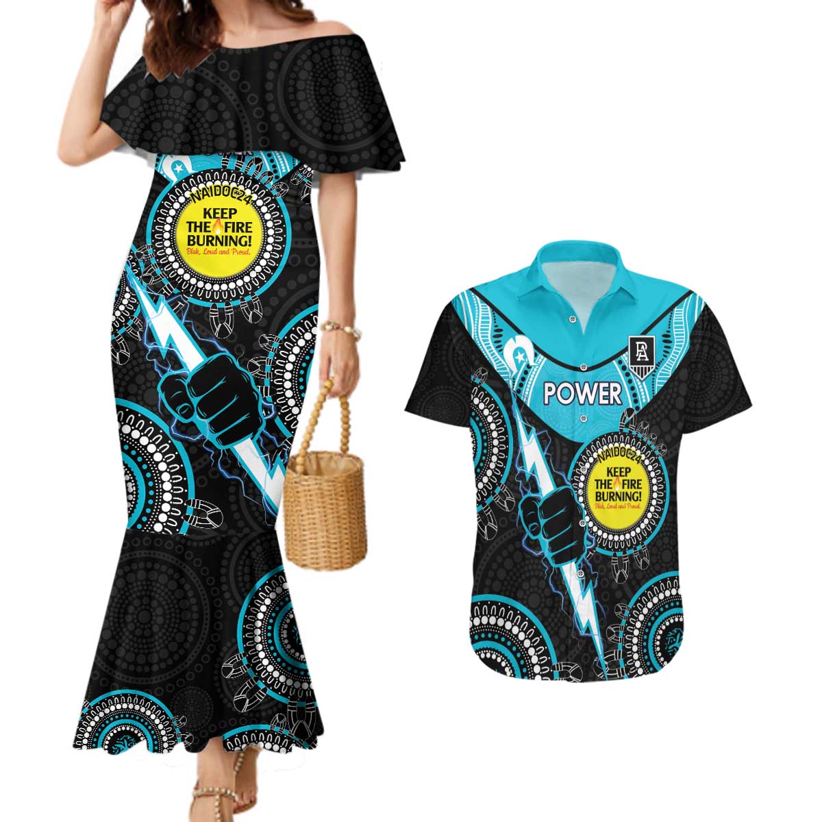 Custom AFL Power NAIDOC Week Couples Matching Mermaid Dress and Hawaiian Shirt Keep The Fire Burning Indigenous Art