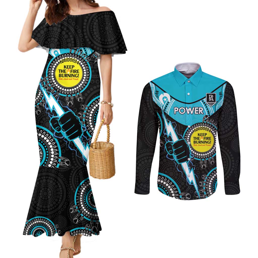 Custom AFL Power NAIDOC Week Couples Matching Mermaid Dress and Long Sleeve Button Shirt Keep The Fire Burning Indigenous Art