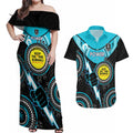 Custom AFL Power NAIDOC Week Couples Matching Off Shoulder Maxi Dress and Hawaiian Shirt Keep The Fire Burning Indigenous Art