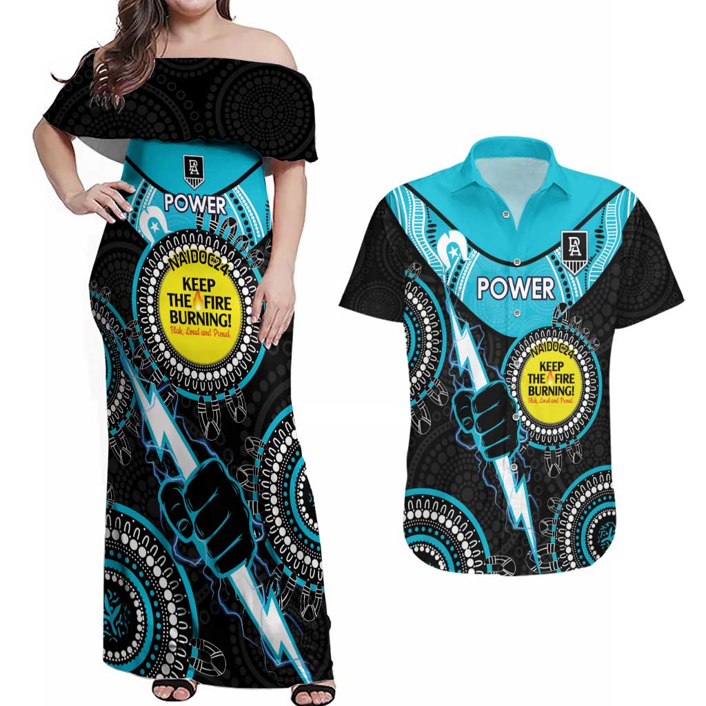 Custom AFL Power NAIDOC Week Couples Matching Off Shoulder Maxi Dress and Hawaiian Shirt Keep The Fire Burning Indigenous Art