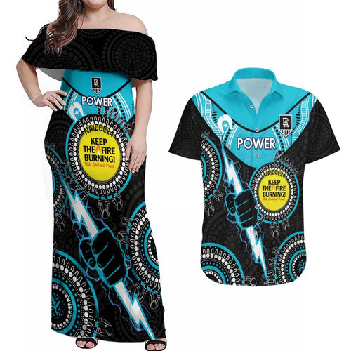 Custom AFL Power NAIDOC Week Couples Matching Off Shoulder Maxi Dress and Hawaiian Shirt Keep The Fire Burning Indigenous Art