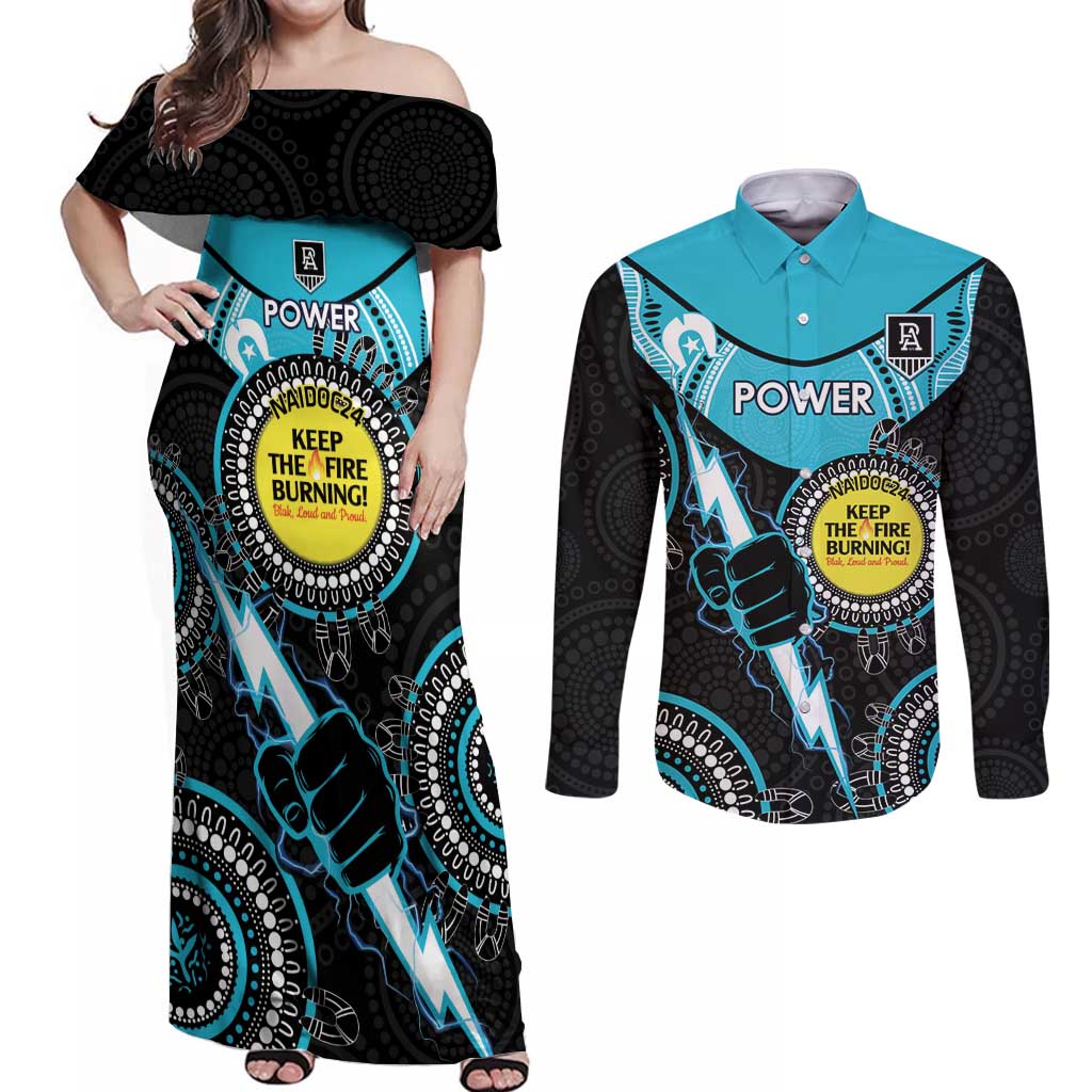 Custom AFL Power NAIDOC Week Couples Matching Off Shoulder Maxi Dress and Long Sleeve Button Shirt Keep The Fire Burning Indigenous Art