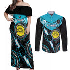 Custom AFL Power NAIDOC Week Couples Matching Off Shoulder Maxi Dress and Long Sleeve Button Shirt Keep The Fire Burning Indigenous Art