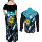 Custom AFL Power NAIDOC Week Couples Matching Off Shoulder Maxi Dress and Long Sleeve Button Shirt Keep The Fire Burning Indigenous Art