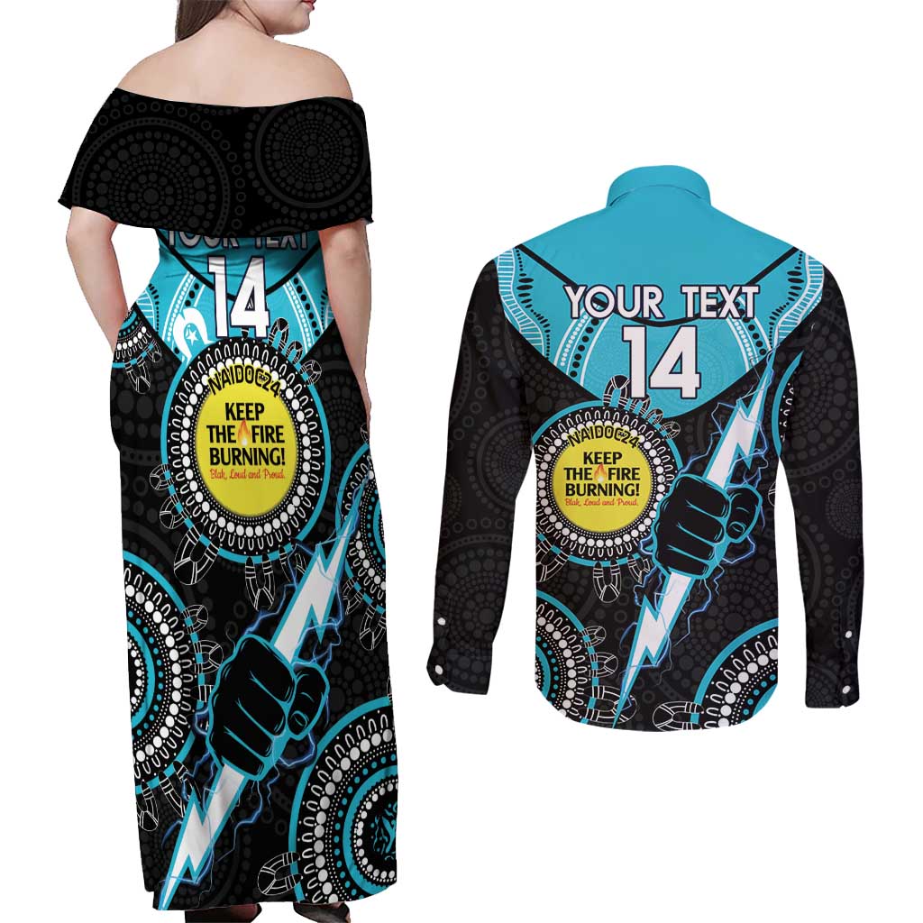 Custom AFL Power NAIDOC Week Couples Matching Off Shoulder Maxi Dress and Long Sleeve Button Shirt Keep The Fire Burning Indigenous Art