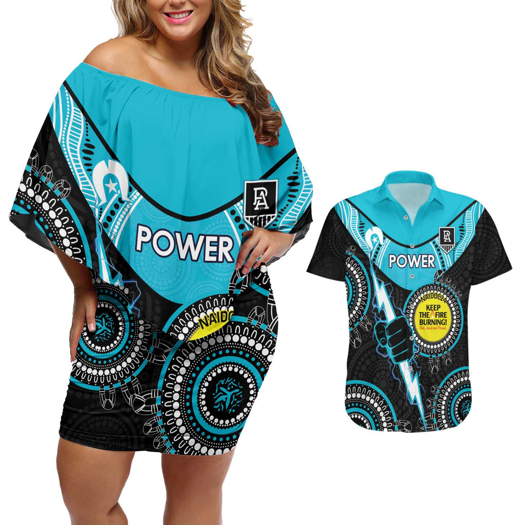 Custom AFL Power NAIDOC Week Couples Matching Off Shoulder Short Dress and Hawaiian Shirt Keep The Fire Burning Indigenous Art