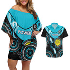 Custom AFL Power NAIDOC Week Couples Matching Off Shoulder Short Dress and Hawaiian Shirt Keep The Fire Burning Indigenous Art