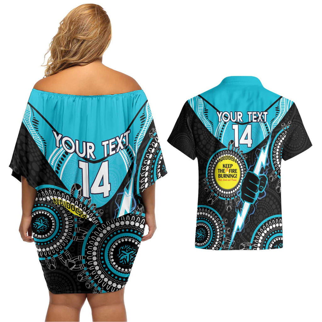 Custom AFL Power NAIDOC Week Couples Matching Off Shoulder Short Dress and Hawaiian Shirt Keep The Fire Burning Indigenous Art