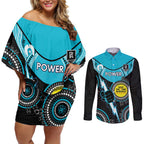 Custom AFL Power NAIDOC Week Couples Matching Off Shoulder Short Dress and Long Sleeve Button Shirt Keep The Fire Burning Indigenous Art