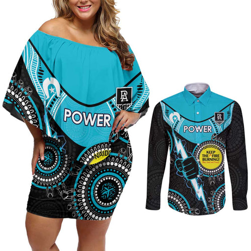 Custom AFL Power NAIDOC Week Couples Matching Off Shoulder Short Dress and Long Sleeve Button Shirt Keep The Fire Burning Indigenous Art