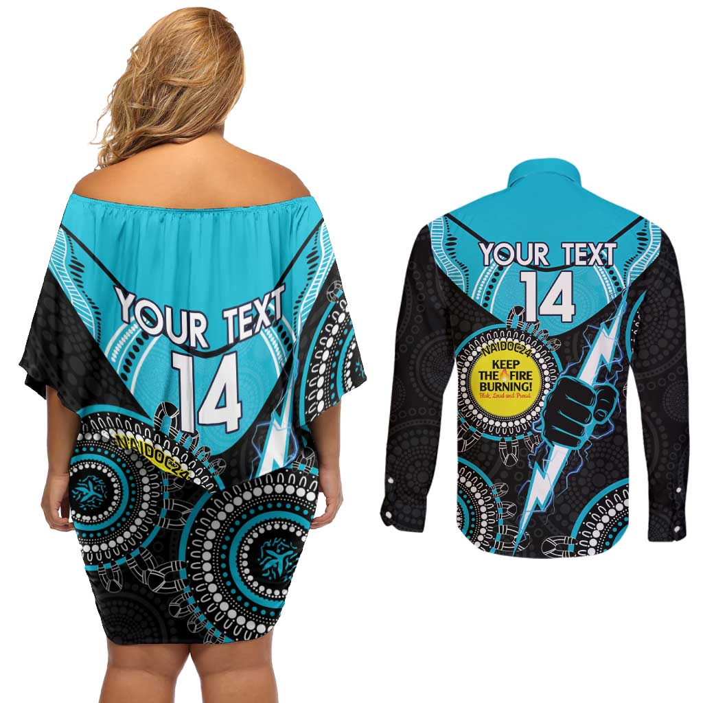 Custom AFL Power NAIDOC Week Couples Matching Off Shoulder Short Dress and Long Sleeve Button Shirt Keep The Fire Burning Indigenous Art