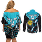 Custom AFL Power NAIDOC Week Couples Matching Off Shoulder Short Dress and Long Sleeve Button Shirt Keep The Fire Burning Indigenous Art