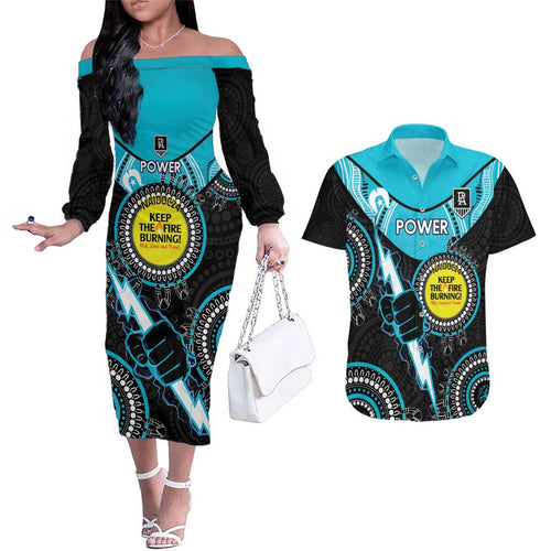 Custom AFL Power NAIDOC Week Couples Matching Off The Shoulder Long Sleeve Dress and Hawaiian Shirt Keep The Fire Burning Indigenous Art