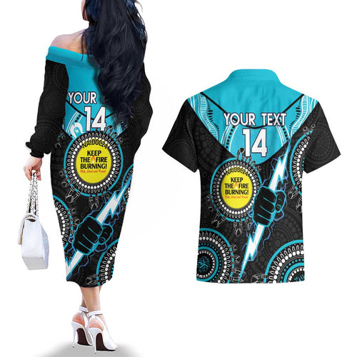 Custom AFL Power NAIDOC Week Couples Matching Off The Shoulder Long Sleeve Dress and Hawaiian Shirt Keep The Fire Burning Indigenous Art