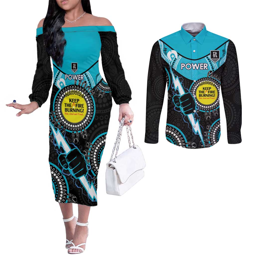 Custom AFL Power NAIDOC Week Couples Matching Off The Shoulder Long Sleeve Dress and Long Sleeve Button Shirt Keep The Fire Burning Indigenous Art