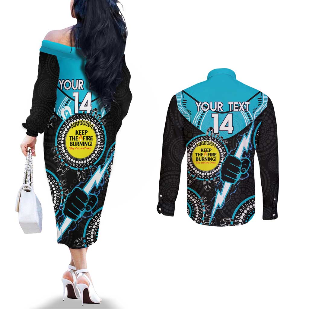 Custom AFL Power NAIDOC Week Couples Matching Off The Shoulder Long Sleeve Dress and Long Sleeve Button Shirt Keep The Fire Burning Indigenous Art