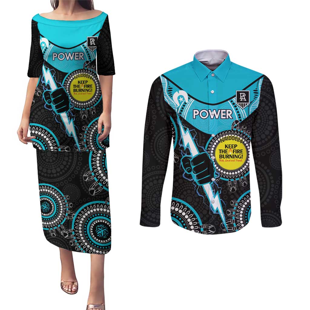 Custom AFL Power NAIDOC Week Couples Matching Puletasi and Long Sleeve Button Shirt Keep The Fire Burning Indigenous Art
