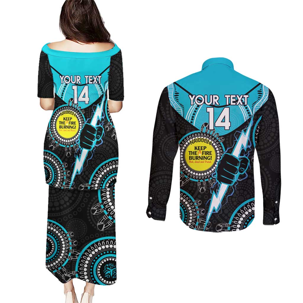 Custom AFL Power NAIDOC Week Couples Matching Puletasi and Long Sleeve Button Shirt Keep The Fire Burning Indigenous Art