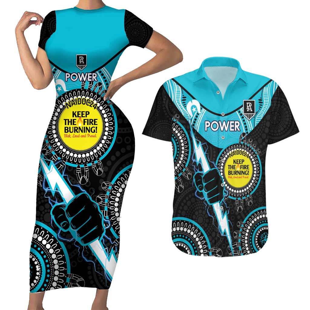 Custom AFL Power NAIDOC Week Couples Matching Short Sleeve Bodycon Dress and Hawaiian Shirt Keep The Fire Burning Indigenous Art