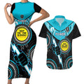 Custom AFL Power NAIDOC Week Couples Matching Short Sleeve Bodycon Dress and Hawaiian Shirt Keep The Fire Burning Indigenous Art