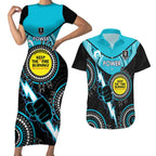 Custom AFL Power NAIDOC Week Couples Matching Short Sleeve Bodycon Dress and Hawaiian Shirt Keep The Fire Burning Indigenous Art