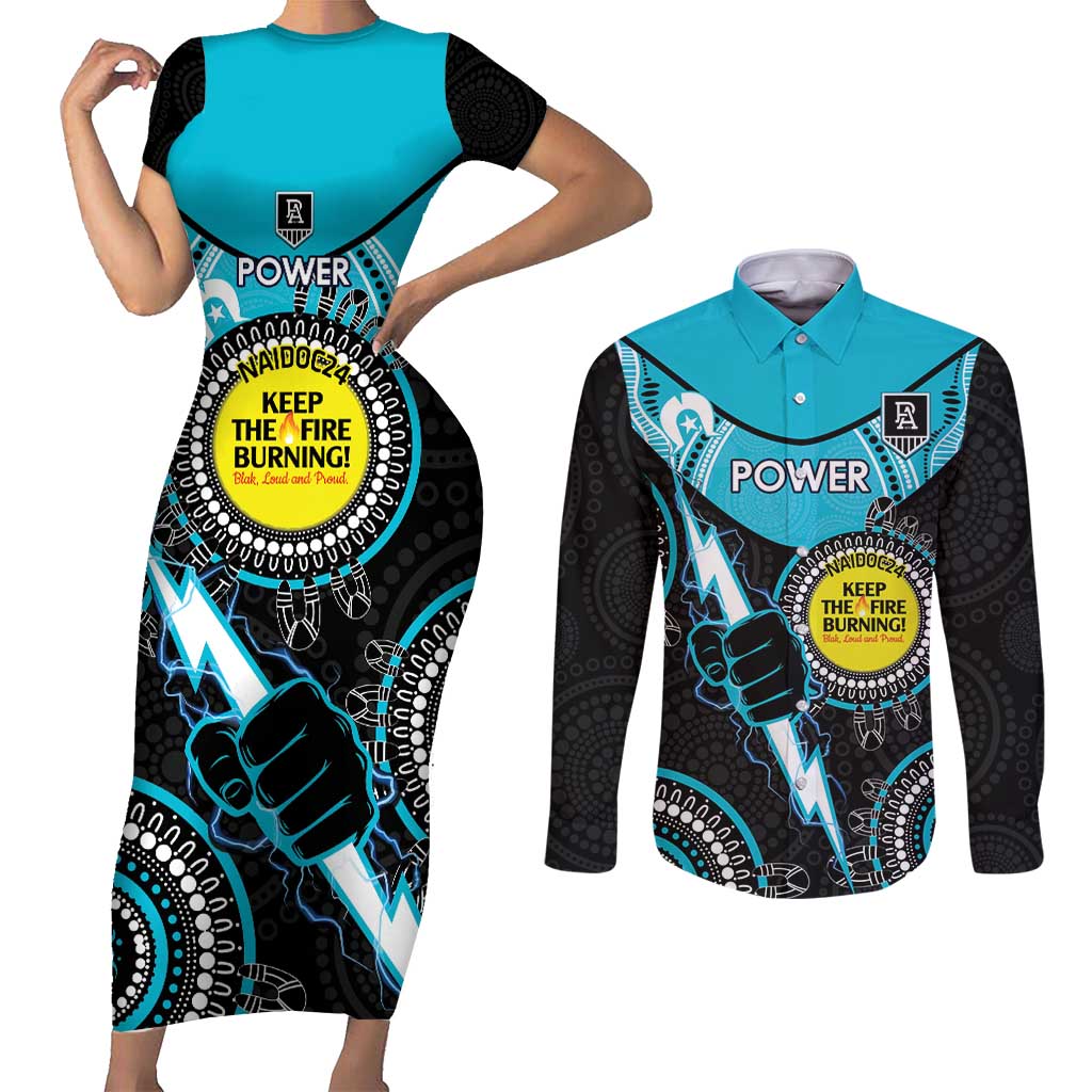 Custom AFL Power NAIDOC Week Couples Matching Short Sleeve Bodycon Dress and Long Sleeve Button Shirt Keep The Fire Burning Indigenous Art