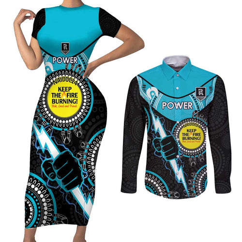 Custom AFL Power NAIDOC Week Couples Matching Short Sleeve Bodycon Dress and Long Sleeve Button Shirt Keep The Fire Burning Indigenous Art