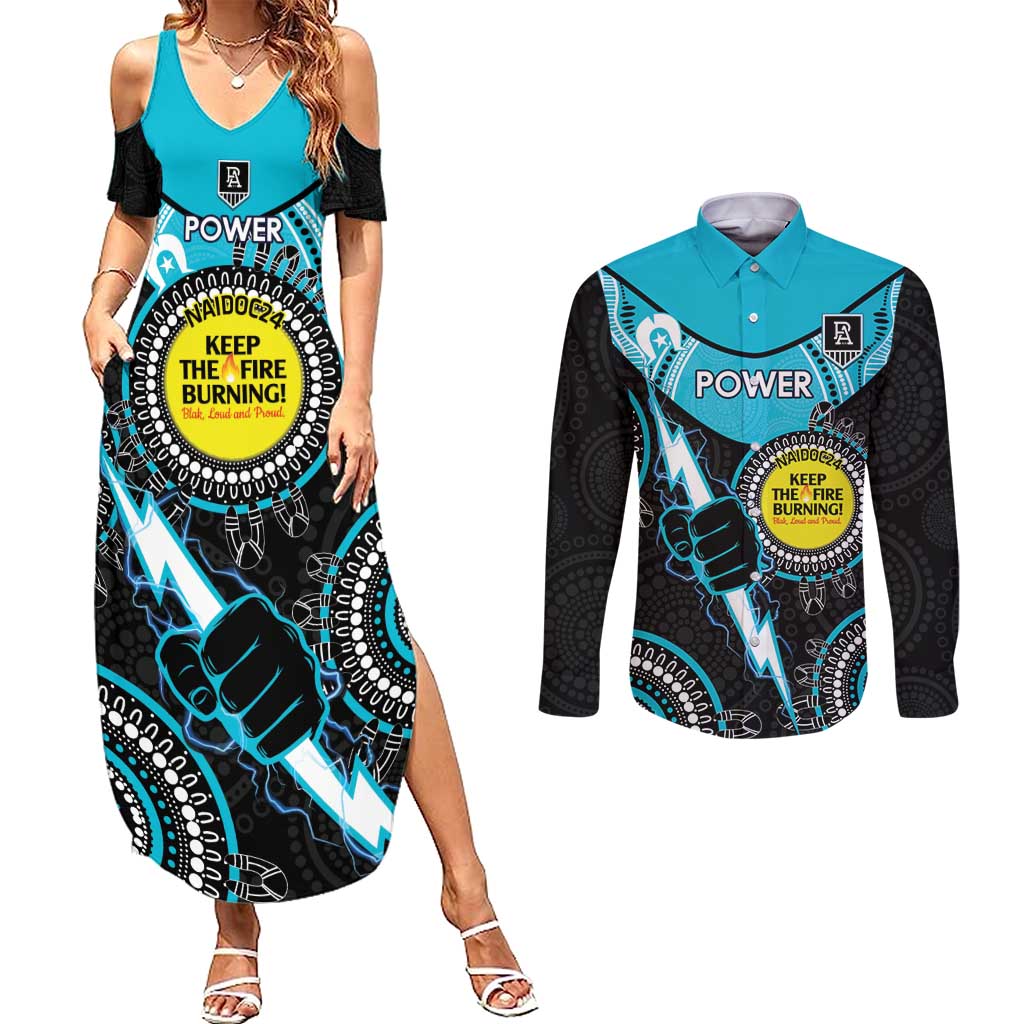 Custom AFL Power NAIDOC Week Couples Matching Summer Maxi Dress and Long Sleeve Button Shirt Keep The Fire Burning Indigenous Art