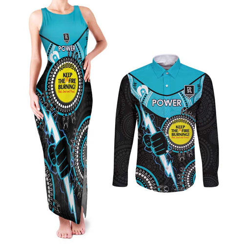 Custom AFL Power NAIDOC Week Couples Matching Tank Maxi Dress and Long Sleeve Button Shirt Keep The Fire Burning Indigenous Art