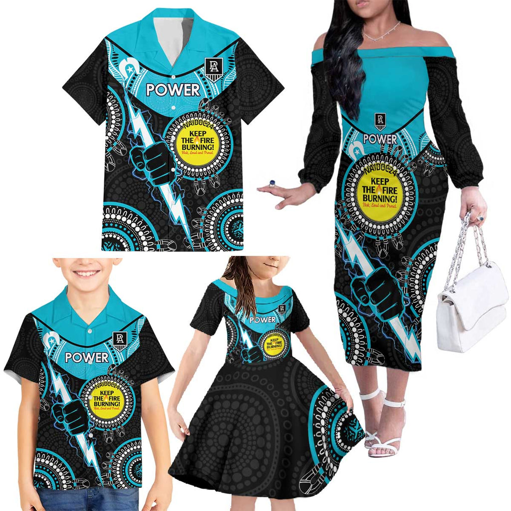 Custom AFL Power NAIDOC Week Family Matching Off The Shoulder Long Sleeve Dress and Hawaiian Shirt Keep The Fire Burning Indigenous Art