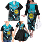 Custom AFL Power NAIDOC Week Family Matching Off The Shoulder Long Sleeve Dress and Hawaiian Shirt Keep The Fire Burning Indigenous Art