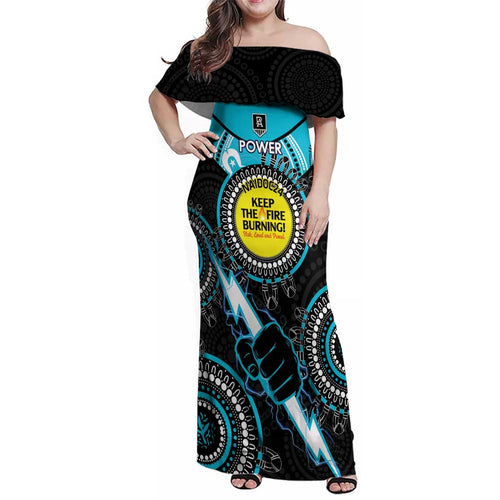 Custom AFL Power NAIDOC Week Family Matching Off Shoulder Maxi Dress and Hawaiian Shirt Keep The Fire Burning Indigenous Art