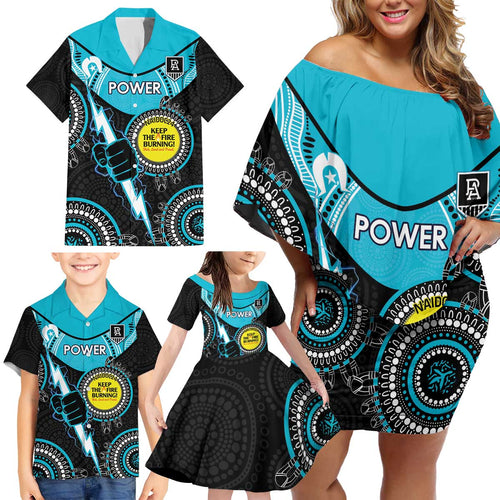 Custom AFL Power NAIDOC Week Family Matching Off Shoulder Short Dress and Hawaiian Shirt Keep The Fire Burning Indigenous Art