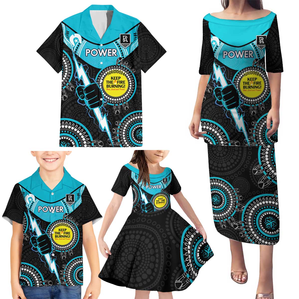 Custom AFL Power NAIDOC Week Family Matching Puletasi and Hawaiian Shirt Keep The Fire Burning Indigenous Art