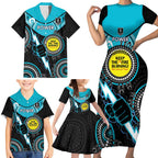 Custom AFL Power NAIDOC Week Family Matching Short Sleeve Bodycon Dress and Hawaiian Shirt Keep The Fire Burning Indigenous Art