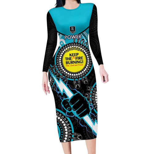 Custom AFL Power NAIDOC Week Long Sleeve Bodycon Dress Keep The Fire Burning Indigenous Art