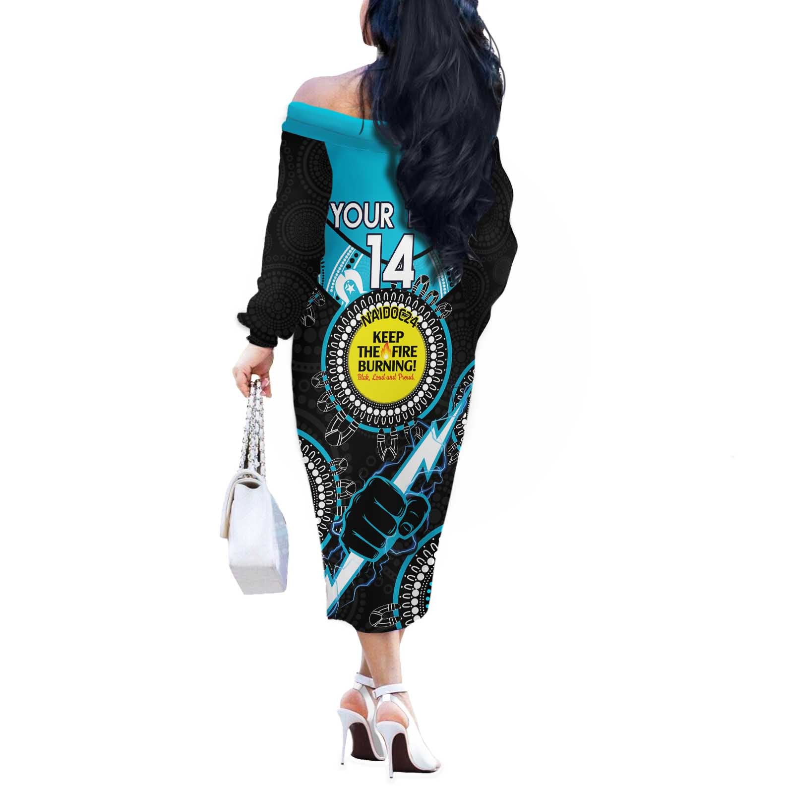 Custom AFL Power NAIDOC Week Off The Shoulder Long Sleeve Dress Keep The Fire Burning Indigenous Art