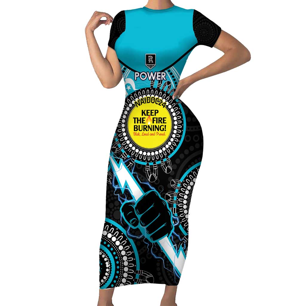 Custom AFL Power NAIDOC Week Short Sleeve Bodycon Dress Keep The Fire Burning Indigenous Art