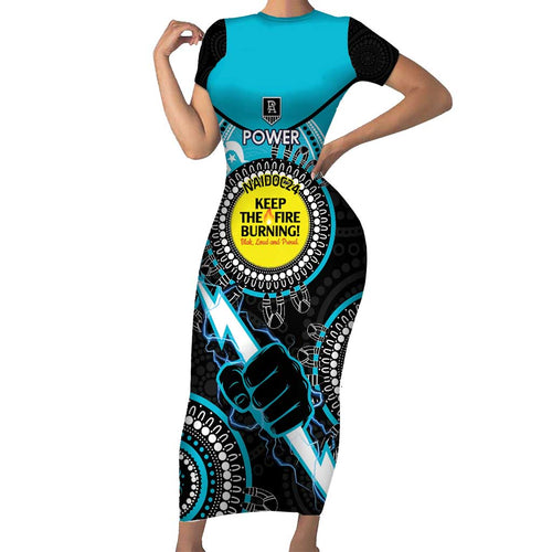 Custom AFL Power NAIDOC Week Short Sleeve Bodycon Dress Keep The Fire Burning Indigenous Art