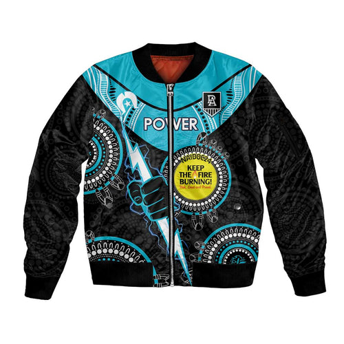 Custom AFL Power NAIDOC Week Sleeve Zip Bomber Jacket Keep The Fire Burning Indigenous Art