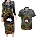 Personalised Australia And Vanuatu Couples Matching Long Sleeve Bodycon Dress and Hawaiian Shirt Aboriginal Lizard Polynesia Ni-Van Pig Tusk