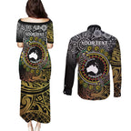 Personalised Australia And Vanuatu Couples Matching Puletasi and Long Sleeve Button Shirt Aboriginal Lizard Polynesia Ni-Van Pig Tusk