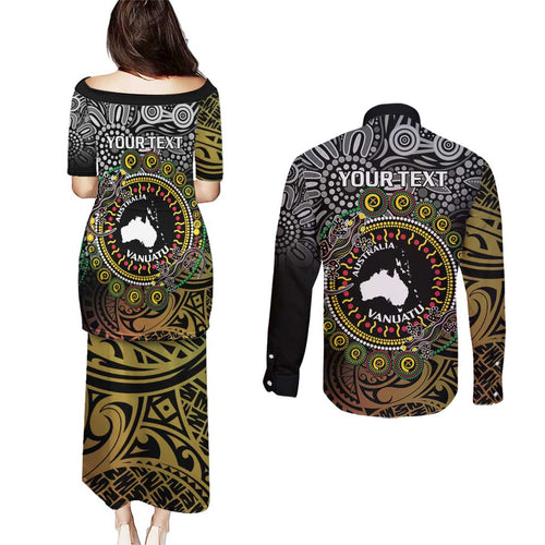 Personalised Australia And Vanuatu Couples Matching Puletasi and Long Sleeve Button Shirt Aboriginal Lizard Polynesia Ni-Van Pig Tusk